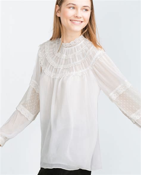 zara white lace top|Women's Long Sleeve Tops .